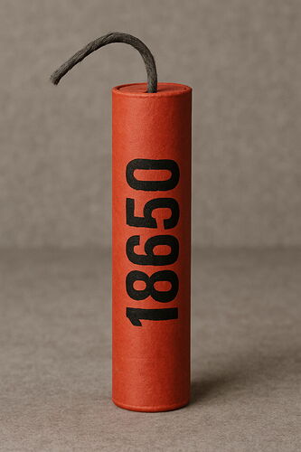 A képen egy piros színű, függőleges helyzetben álló dynamite stick látható, amelyen fekete számsor, "18650" szerepel. (Feliratozva AI-val)