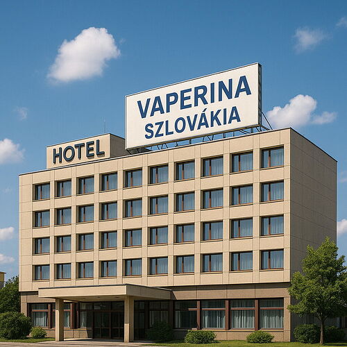 A multi-story hotel building with a large sign on its roof advertising "VAPERINA SLOVAKIA". (Subtitled by AI)