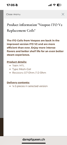 On the screen, the product information and features of "Voopoo ITO V2 Replacement Coils" are visible on a website. (Subtitled by AI)