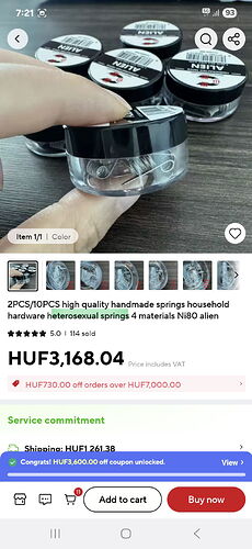 A hand depicts the ALIEN brand handmade, high-quality springs held in a small plastic box on an online shopping platform. (captioned by AI)