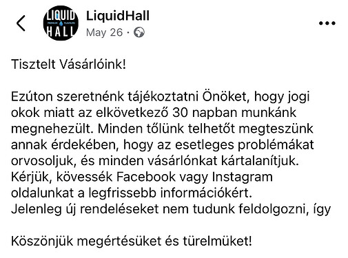 LiquidHall informs its customers that due to legal reasons, their work will be difficult for the next 30 days, they cannot process new orders, and asks for patience and to follow their social media pages for updated information. (Subtitled by AI)