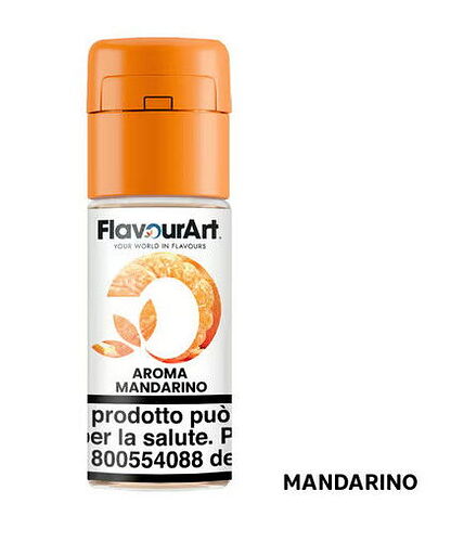 This image shows a bottle of FlavourArt brand mandarin flavor with an orange cap. (Labeled by AI)
