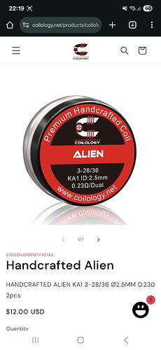 The image shows the packaging of a handmade Alien coil from the Coilology brand, with 3-28/36 KA1, 2.5 mm diameter, 0.23 ohm dual resistance, priced at $12. (Generated by AI)