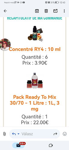 Az képernyőképen egy online rendelés összefoglalója látható, amely két terméket tartalmaz: Concentre RY4 folyadékot 6 darabban 3,90€ áron és egy Ready To Mix 1 literes keveréket 22,00€ áron. (Feliratozva AI-val)