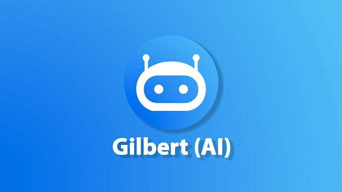 A white robot head symbol in a circular blue field is visible against a blue-shaded background, with the inscription "Gilbert (AI)" below it. (Subtitled with AI)
