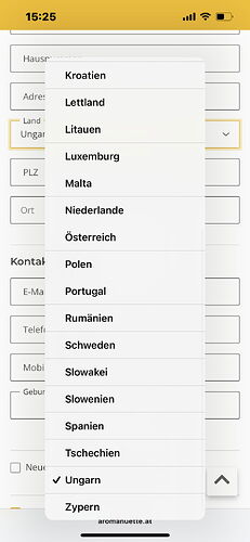 On the screen, a form is visible where the country name selection is in progress, and 'Ungarn' (Hungary) is selected. (Subtitled by AI)