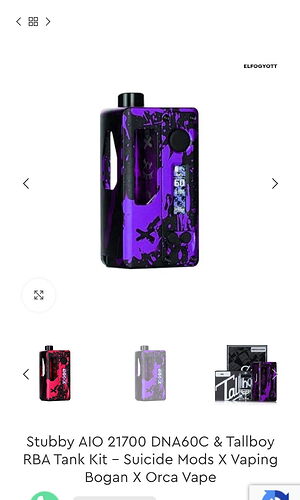 The image shows a purple and black patterned Stubby AIO 21700 DNA60C & Tallboy RBA Tank Kit, made by Suicide Mods X Vaping Bogan X Orca Vape. (Captioned by AI)
