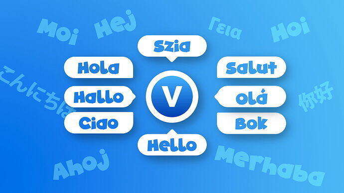 Image greeting people in different languages against a blue background, with the Vaperina logo in the center. (Caption generated by AI)