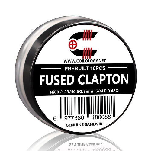A round metal tin with a white and black label, showing 'Fused Clapton' coils, a barcode, and product information, with a reflection underneath. (Labeled by AI)