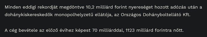 The text informs that Országos Dohányboltellátó Kft. suffered a record loss of 10.2 billion forints, while its revenue significantly increased by 70 billion to 1123 billion forints compared to the previous year. (Subtitled with AI)