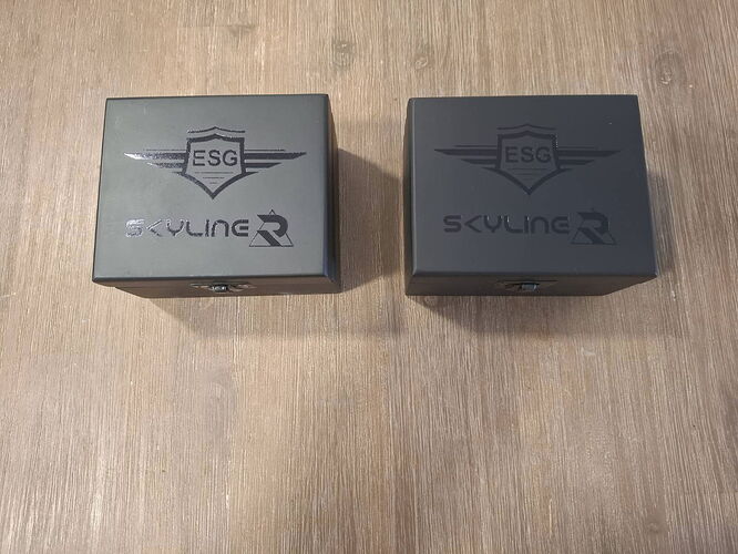 Two black boxes are next to each other on a wooden table, the 'ESG' and 'SKYLINE R' logo is visible on both. (Labeled by AI)