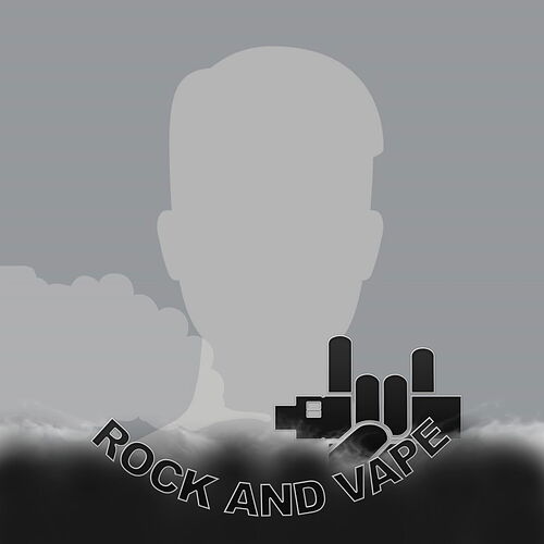 Az egész képet egy szürke háttéren, füstbe burkolt emberi sziluett és egy kéz mutatja, amely a "rock and vape" szöveget formázza. (Feliratozva AI-val)