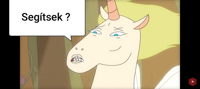 A cartoon unicorn is seen looking with round eyes and a strange mouth, and a speech bubble reads "Can I help?". (Subtitled with AI)