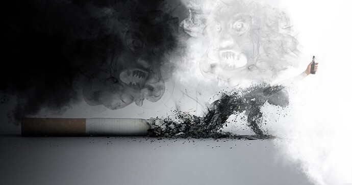Az image egy elborzasztó emberi alakot ábrázol, amely füstté válik egy cigaretta végén, miközben félelmetes arcok jelennek meg a füstben, utalva a dohányzás káros hatásaira. (Feliratozva AI-val)