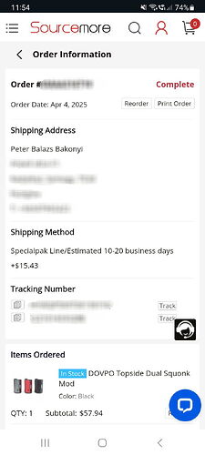 Cette image montre une confirmation de commande en ligne pour un Mod Squonk DOVPO Topside Dual, commandé par Peter Balazs Bakonyi sur le site de vente en ligne Sourcemore. (Légendé par IA)