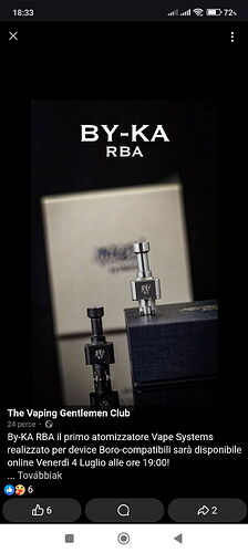 Deux atomiseurs RBA BY-KA Vape Systems sont visibles, se tenant devant une boîte noire et une beige, et font partie d'un post Facebook annonçant leur disponibilité en ligne. (Sous-titré par IA)