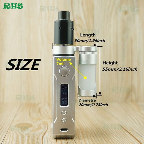 L'image montre les dimensions d'une cigarette électronique métallique, dont la longueur est de 50 mm, la hauteur de 55 mm, le diamètre de 20 mm et un réservoir d'une capacité de 7 ml. (Légendé par IA)