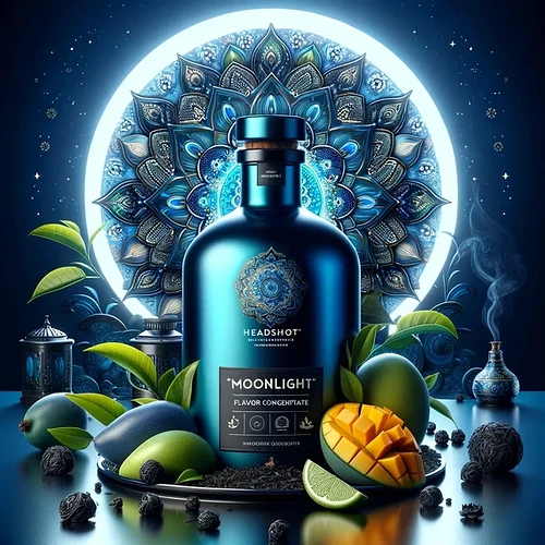 In the night moonlight, a bright blue glass bottle labeled "Moonlight" stands in front of an intricate blue mandala, with mangoes, limes, and other fruits, as well as incense burners visible around it. (Subtitled by AI)