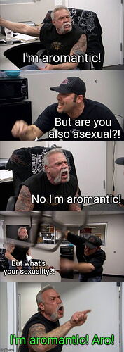 A kép a "American Chopper" (Amerikai motorépítők) sorozatból származó mémformátumot mutatja, ahol az egyik személy azt állítja, hogy #Aromantic, míg a másik erőszakosan kérdezi a szexualitását. (Feliratozva AI-val)