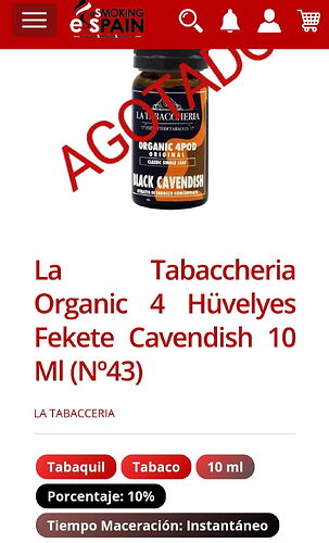 L'image montre une bouteille de concentré de tabac, connue sous le nom de "La Tabaccheria Organic 4 Leaves Black Cavendish", en format 10 ml, et le texte "AGOTADO" signifie qu'il est épuisé. (Légendé par IA)