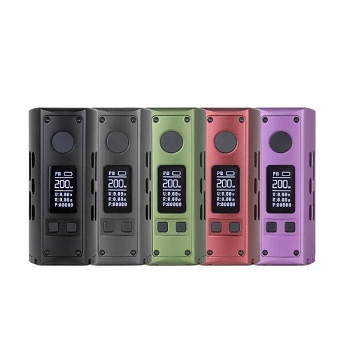 L'image montre cinq mods de vape de couleurs différentes, chacun avec un écran numérique et des boutons de contrôle. (Légendé par IA)