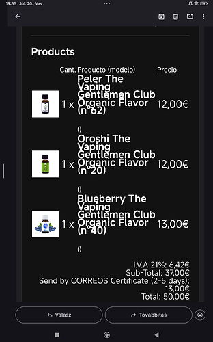 Sur l'écran, une liste de produits en ligne au thème sombre affiche divers liquides de vapotage, leurs prix et un total de 50,00 euros. (Sous-titré par IA)