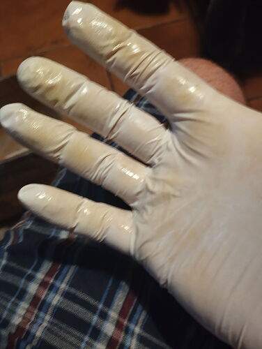 A person's hand wearing a transparent, disposable latex glove. (Labeled by AI)