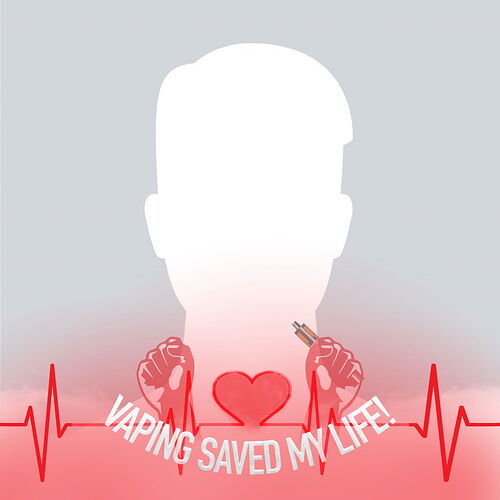 Az illusztráció egy emberi sziluettet ábrázol, amely előtt egy szív, egy E-cigarettát tartó kéz, valamint egy pulzusvonal látható a "VAPING SAVED MY LIFE!" felirattal. (Feliratozva AI-val)