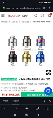 On the page, various color variations of the vaporizer named Hellvape Dead Rabbit Mini RDA are visible for pre-order at a price of $14.21. (Subtitled by AI)