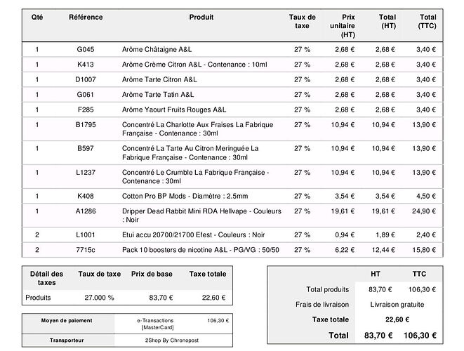 Cette image est une liste de produits et un détail de facture, contenant le nom des produits, la quantité, le taux de taxe, le prix unitaire et le montant total en euros. (Sous-titré par IA)