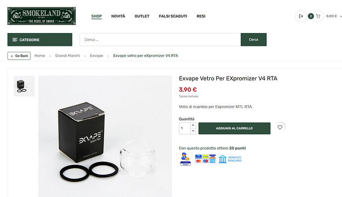 The page offers an Exvape Vetro for EXpromizer V4 RTA replacement glass and seals for €3.90. (Caption by AI)