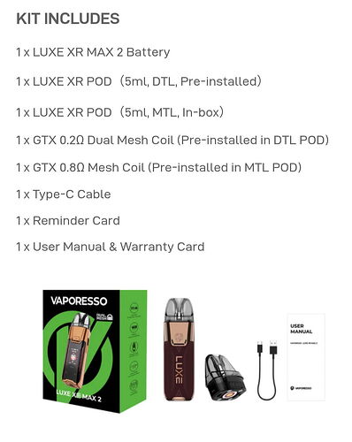 A képen egy Vaporesso LUXE XR MAX 2 készlet tartalma látható, amely egy akkumulátort, két különböző típusú podot, két hálós tekercset, egy Type-C kábelt, egy emlékeztető kártyát, valamint egy használati útmutatót és garancia kártyát foglal magában. (Feliratozva AI-val)