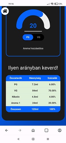 The app shows the components and ratios of a 120 ml mix according to PG, VG, nicotine, and flavor amounts. (Subtitled by AI)