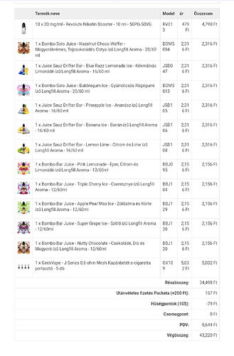 The picture shows a list of different e-cigarette liquids and flavors, along with their prices and quantities. (Subtitled with AI)
