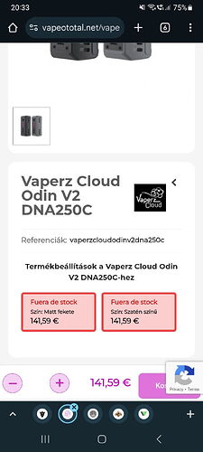 The page showcases the Vaperz Cloud Odin V2 DNA250C vape device, available in matte black and satin for €141.59, but currently out of stock. (Autogenerated by AI)