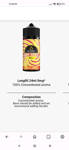 The picture shows a Bombo Bar Juice Longfill 24ml 0mg concentrated aroma, whose flavor is Cola Lemon, and they recommend adding base liquid when using, as well as trying a Nicokit. (Subtitled by AI)