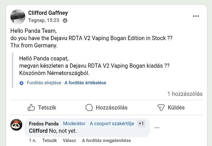 Clifford Gaffney asks the Panda team if the Dejavu RDTA V2 Vaping Bogan Edition is in stock, to which Fredos Panda moderator replies that it's not yet. (Subtitled with AI)