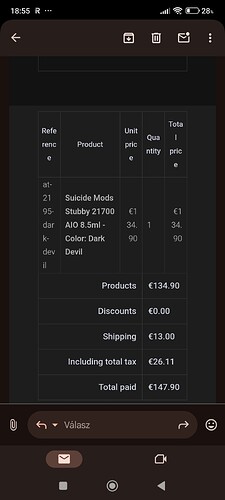 La capture d'écran montre une facture d'achat en ligne qui inclut la commande d'un produit nommé Suicide Mods Stubby 21700 AIO 8.5ml Dark Devil, son prix est de 134,90 €, frais de livraison 13,00 €, total à payer 147,90 €, taxes comprises 26,11 €. (Légendé par IA)