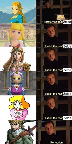 This image shows various Zelda characters from The Legend of Zelda games, while the humorous text names Link as "the real Zelda" in the last picture. (Subtitled by AI)