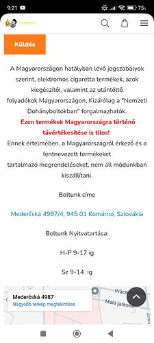 The image contains information from a shop's website, indicating that distance selling of e-cigarettes and accessories to Hungary is prohibited. (Subtitled by AI)
