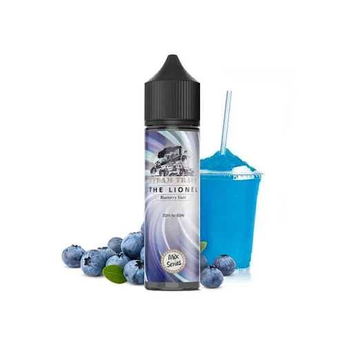 Une image d'une bouteille de liquide "The Lionel" à saveur de slush myrtille bleue, avec des myrtilles fraîches à côté et un verre de boisson slush bleue. (Sous-titré par IA)
