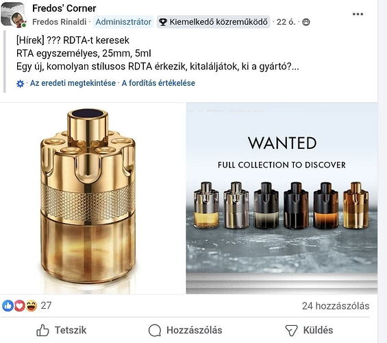 On the picture, a gold-colored RDTA atomizer and its multiple color variants are visible, in a Facebook post in which a new, stylish custom RTA model is being sought. (Subtitled by AI)