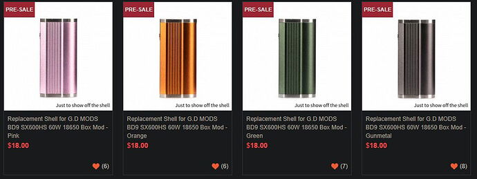 The overall picture shows four different colored (pink, orange, green, gunmetal) Replacement Shells for the G.D MODS BD9 SX600HS 60W 18650 Box Mod in a pre-order promotion, for $18 each. (Subtitled by AI)