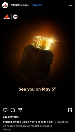 Dans la publication Instagram, un appareil Hellvape noir et doré est visible, qui sera lancé le 5 mai. (Légendé par IA)
