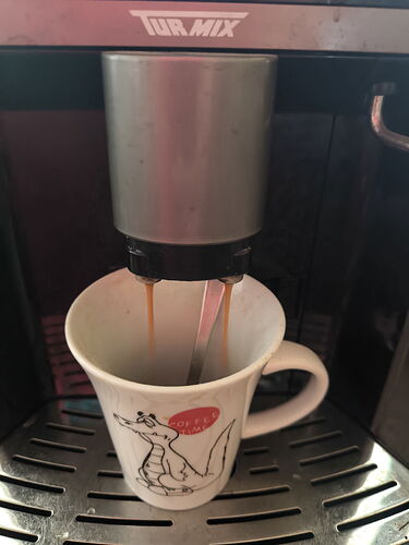 Du café coule fraîchement d'une cafetière dans une tasse avec le dessin d'un renard. (Légendé par IA)