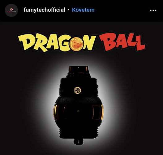 A képen egy fekete háttér előtt látható egy sötét színű, kerek vape készülék, amelynek tetején a "Dragon Ball" logó szerepel. (Feliratozva AI-val)