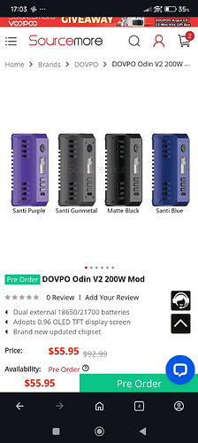 On the page, the DOVPO Odin V2 200W Mod e-cigarette is shown in four color variants for pre-order, priced at $55.95. (Subtitled with AI)