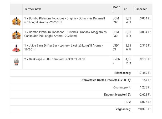 A képen egy vásárlási lista látható, amely különféle Longfill aroma termékeket és GeekVape Pod Tankokat tartalmaz, valamint szerepelnek az árak, kedvezmények és a végösszeg is. (Feliratozva AI-val)