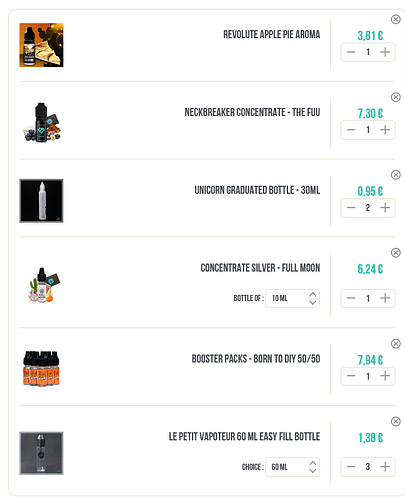 The figure shows a shopping list consisting of a total of six different e-liquid concentrate and accessory products, in various sizes and prices. (Labeled by AI)