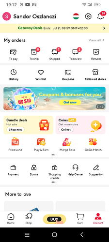 A profile page of an online shopping app is visible where the user can view their orders, coupons, and offers. (Captioned by AI)